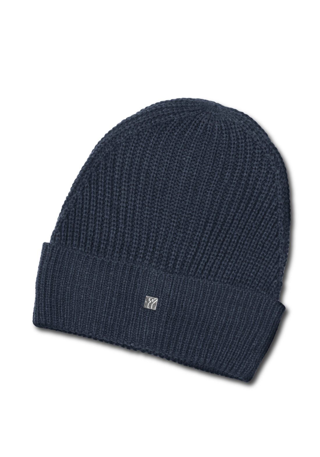Ribbed wool cap with metal logo - Blue Melange