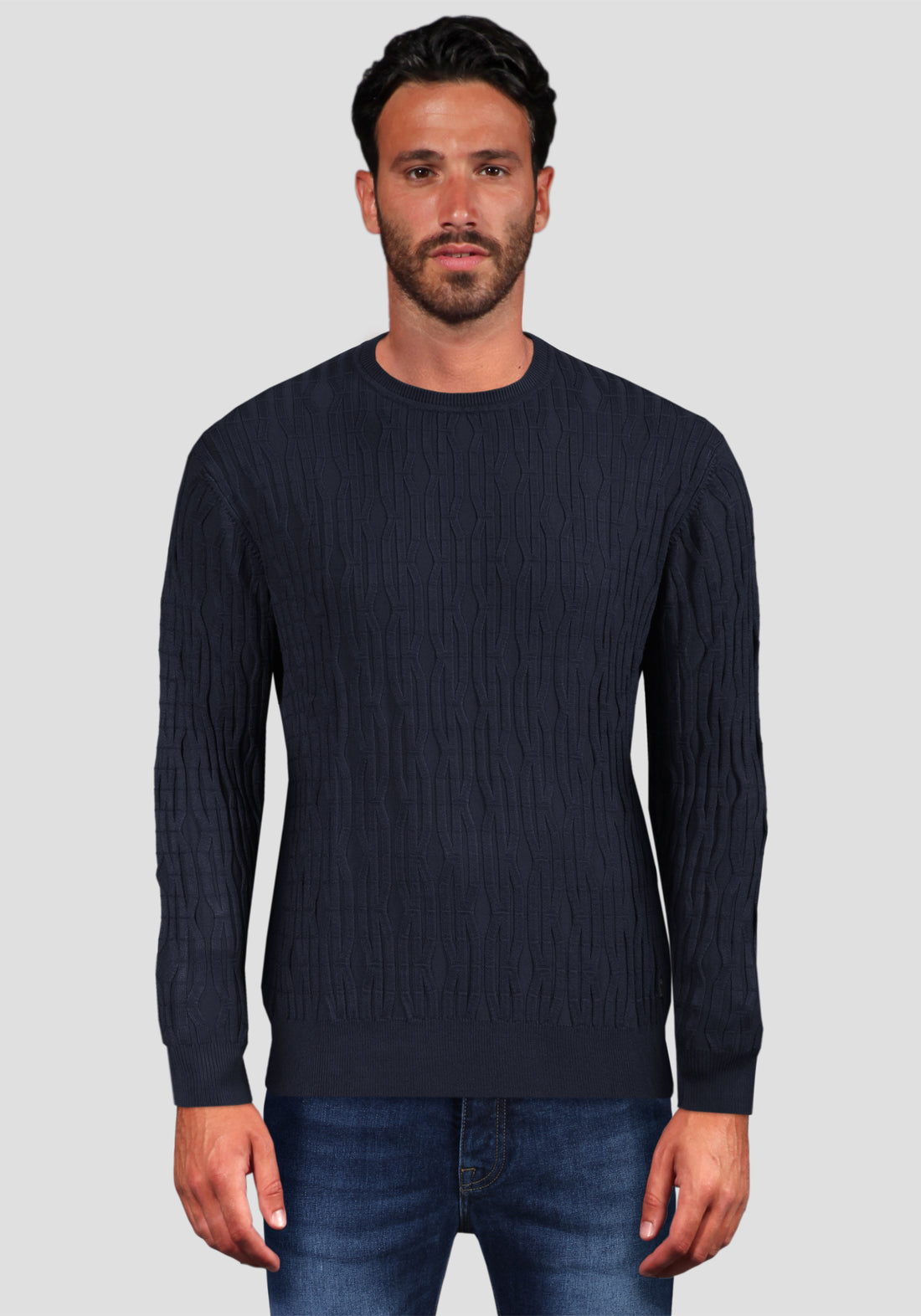 Round-neck sweater in viscose with relief finishing -Blue-
