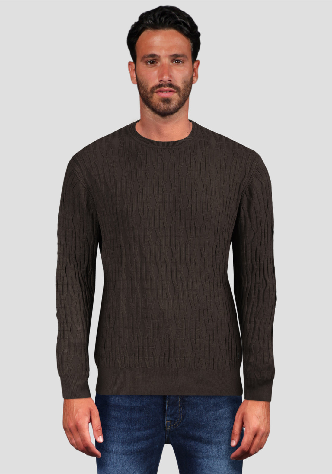 Round-neck sweater in viscose with relief finishing - Brown -