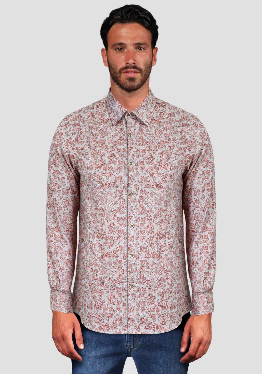 Slim Fit Linen &amp; Cotton Shirt with Red Flower Print