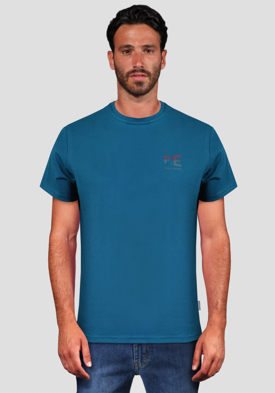 Half Sleeve Elastic T-Shirt with Print - Petrol -