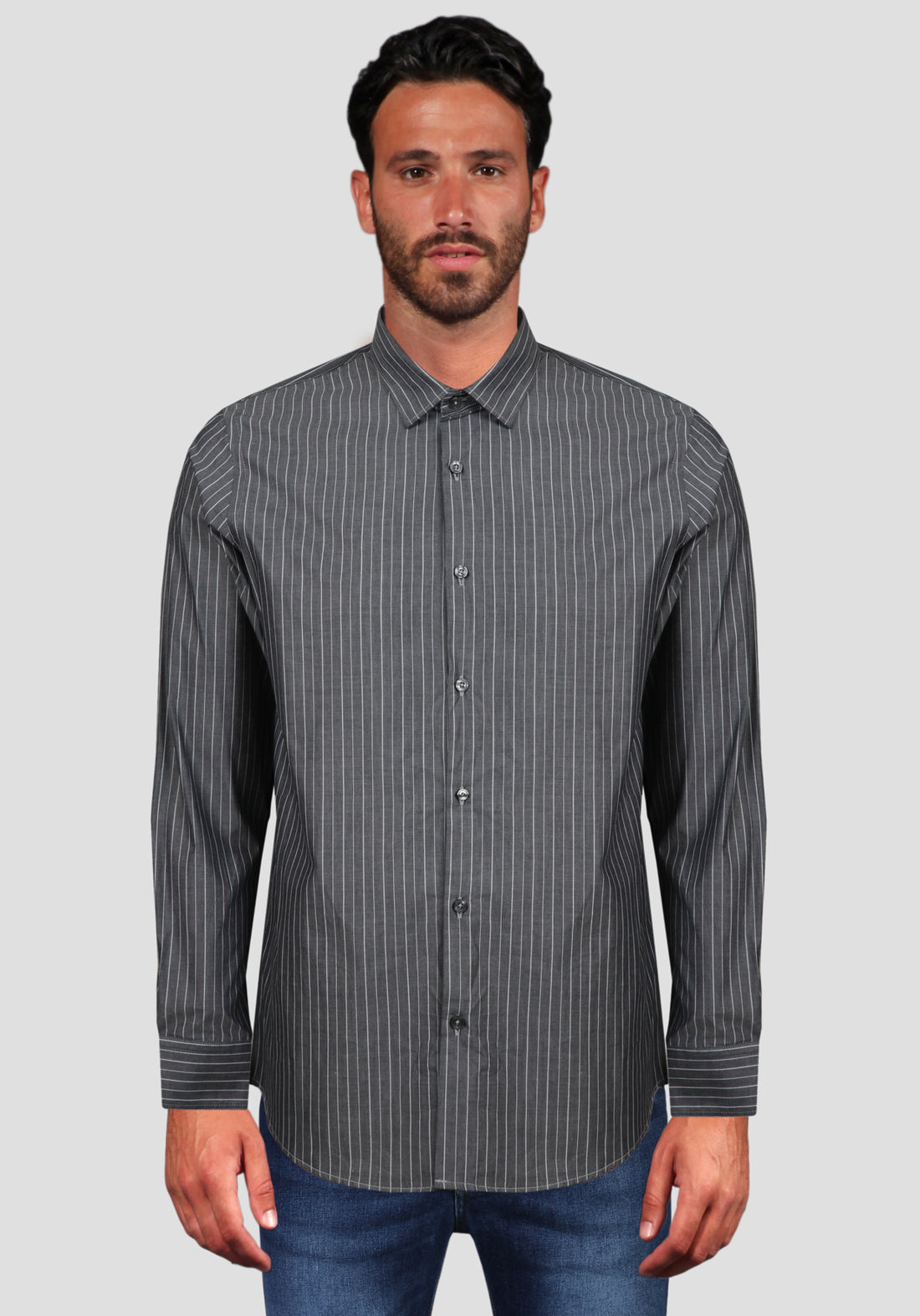 Slim Fit Pinstriped Shirt -Grey-