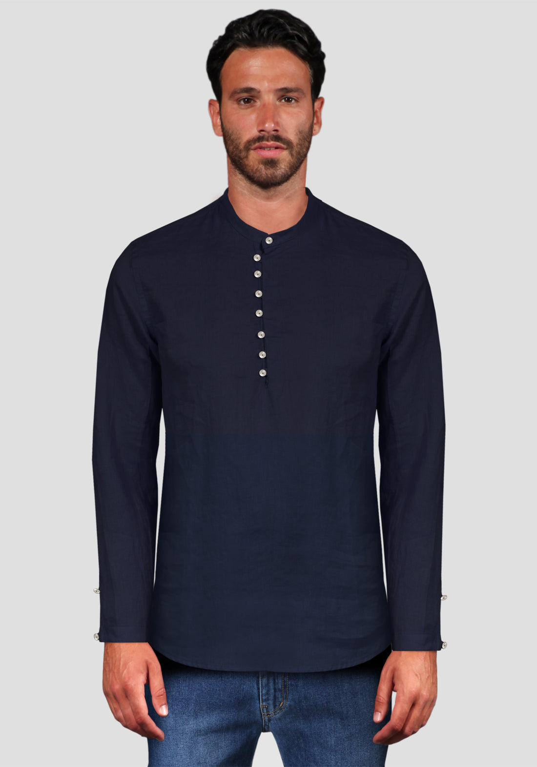 Long Sleeve Linen Tunic Shirt - Blue