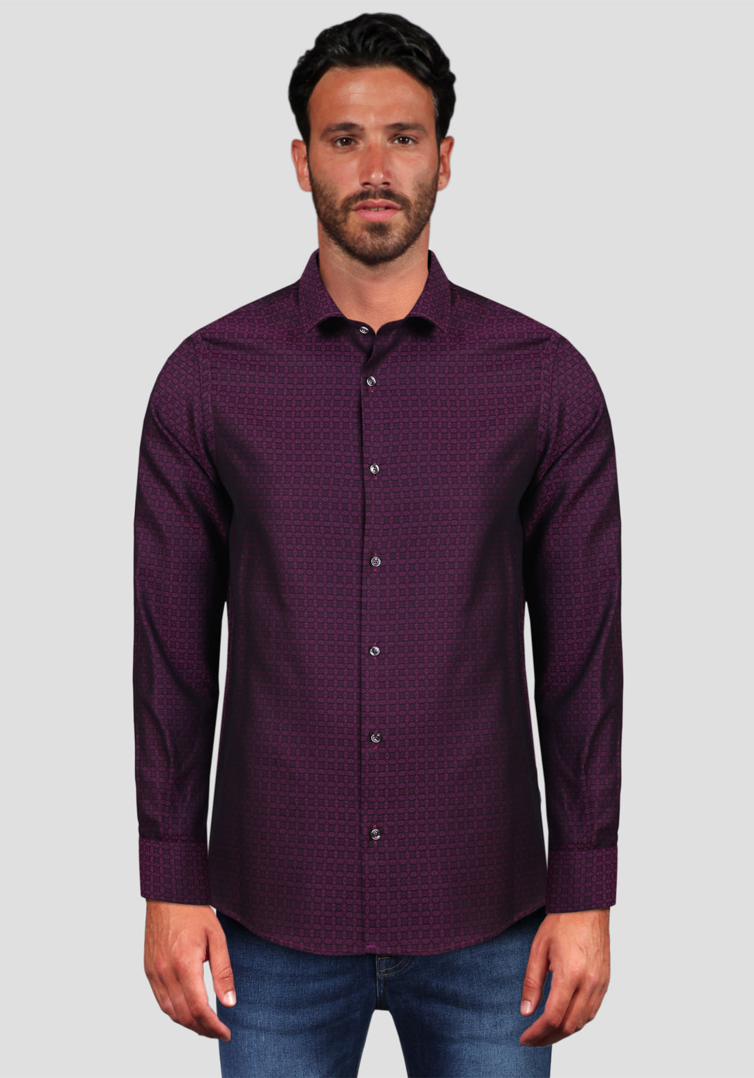 Slim Fit Shirt with French Collar and Micro Print - Wine Red -
