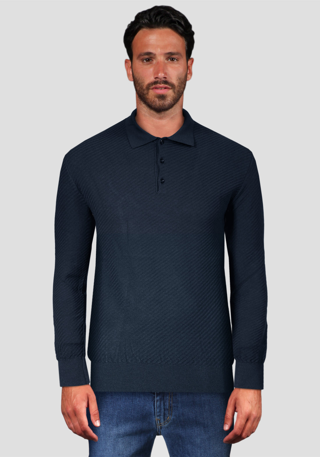 Long sleeve polo shirt in elastic viscose fabric - Blue