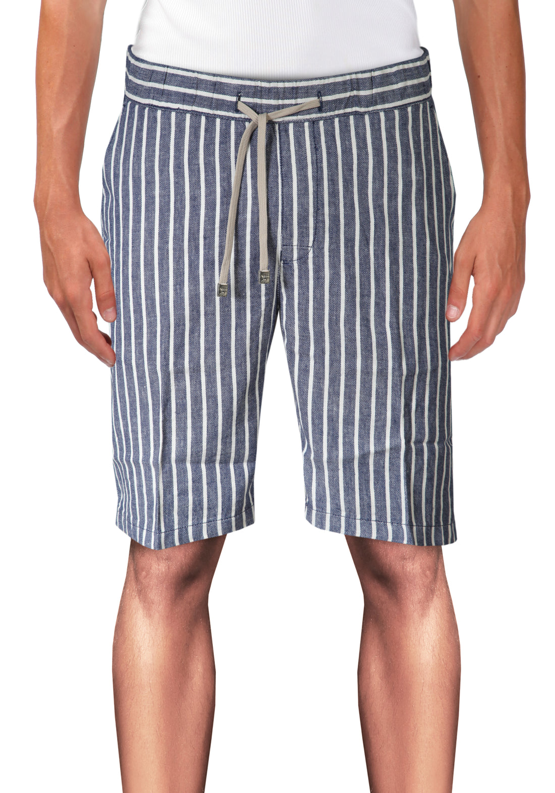 Striped Bermuda shorts with lace in Linen - Blue