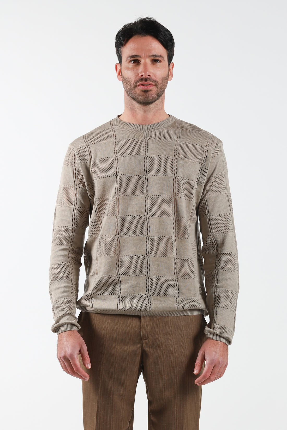 Round neck sweater Checked perforated - Sand