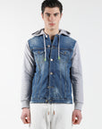 Denim jacket with hood and fleece sleeves