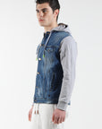 Denim jacket with hood and fleece sleeves