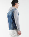 Denim jacket with hood and fleece sleeves