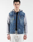 Denim jacket with hood and fleece sleeves