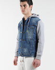 Denim jacket with hood and fleece sleeves