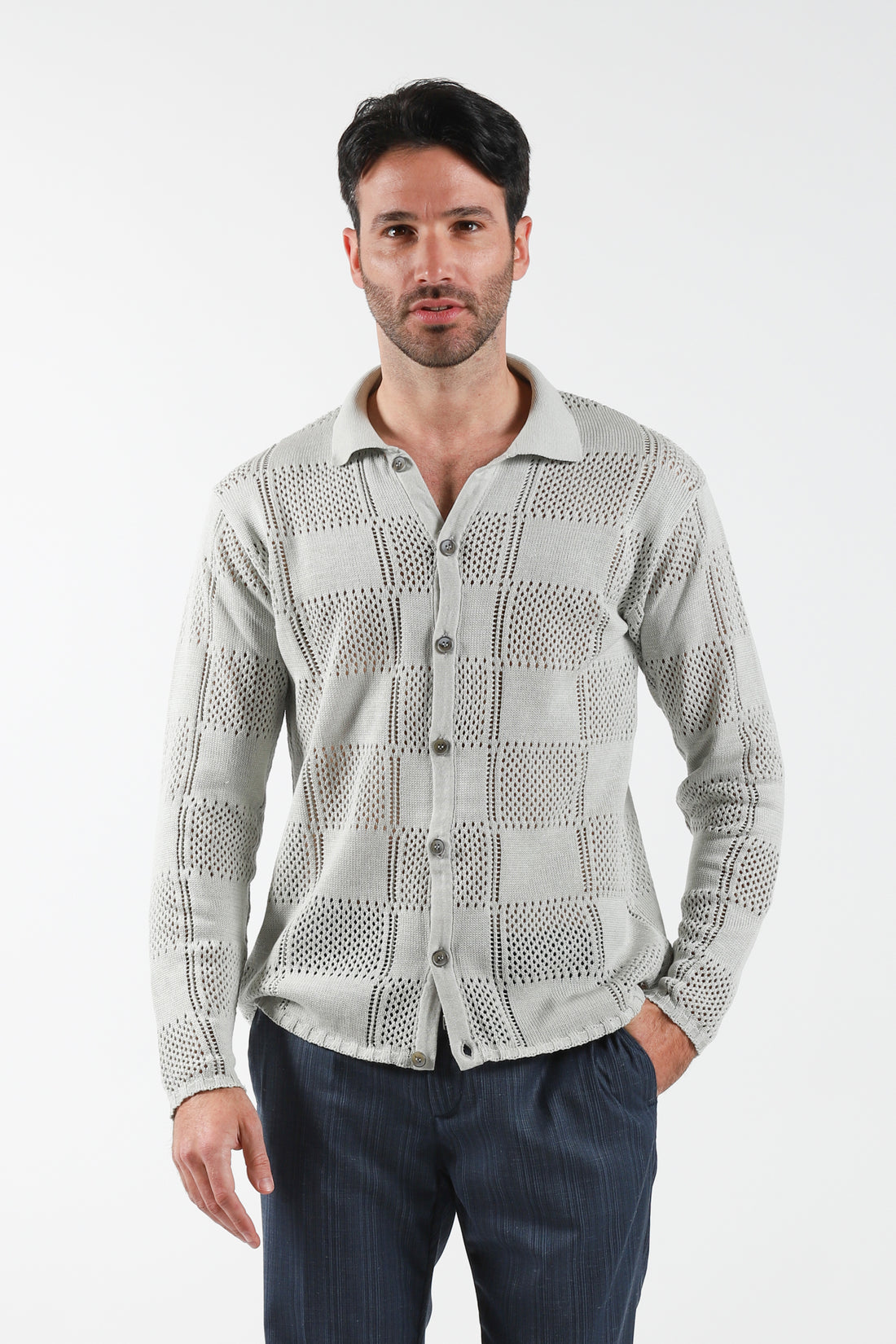 Openwork Checkered Cardigan Sweater - Grey
