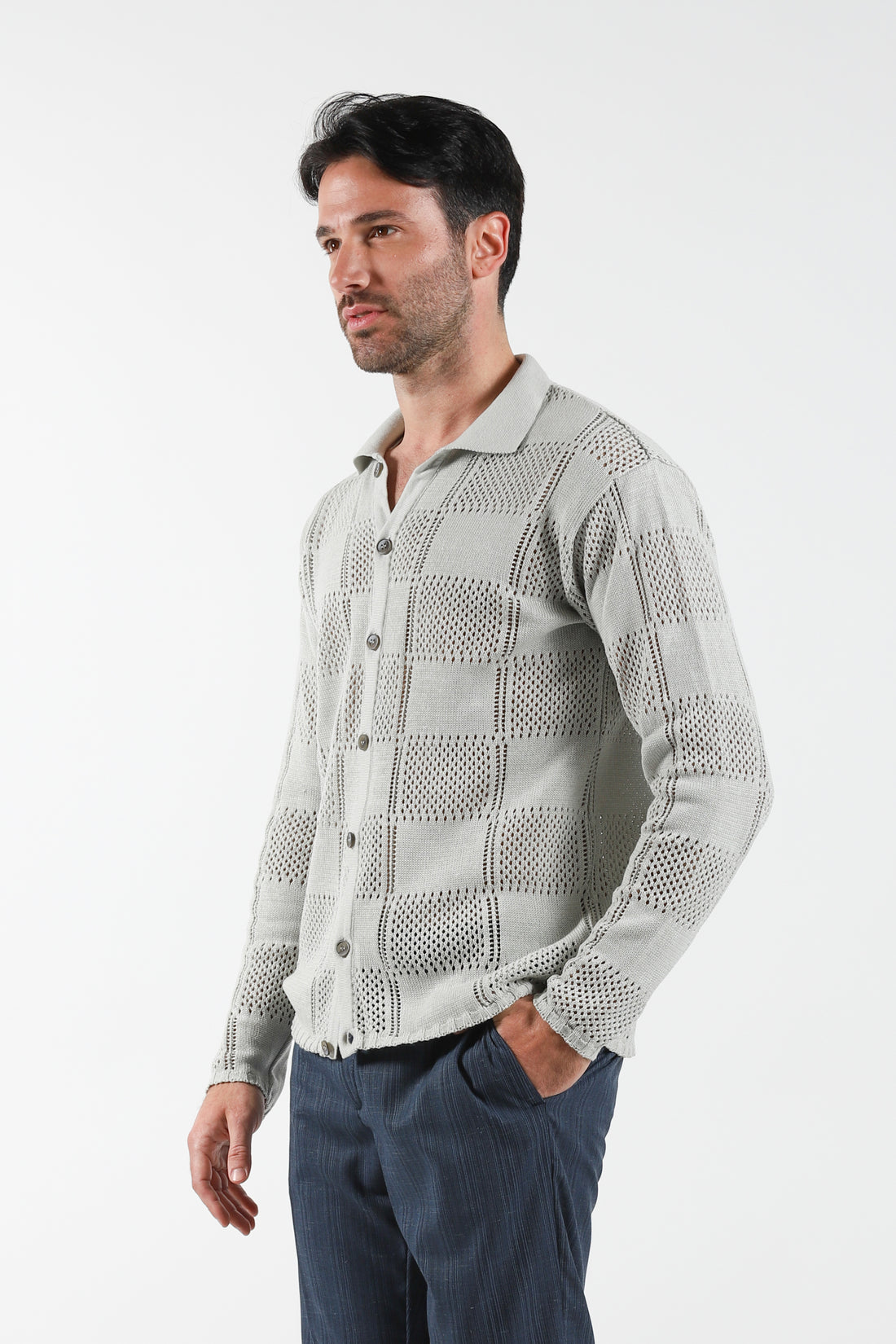 Openwork Checkered Cardigan Sweater - Grey